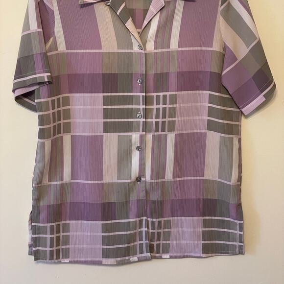 80s Vintage Aria 10 short sleeve button down blouse pink pastel geometric AOP - Picture 3 of 7